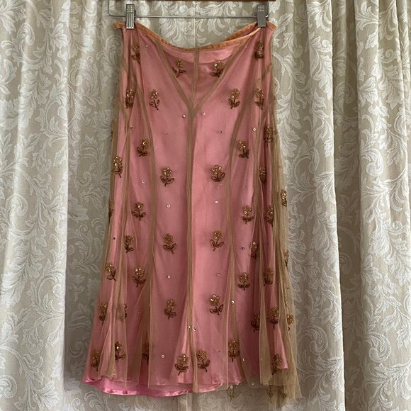 Tracy Reese Salmon Pink Silk Bias w/Nylon Beaded Knee Length Skirt Sz 2 BNWT - Picture 2 of 4